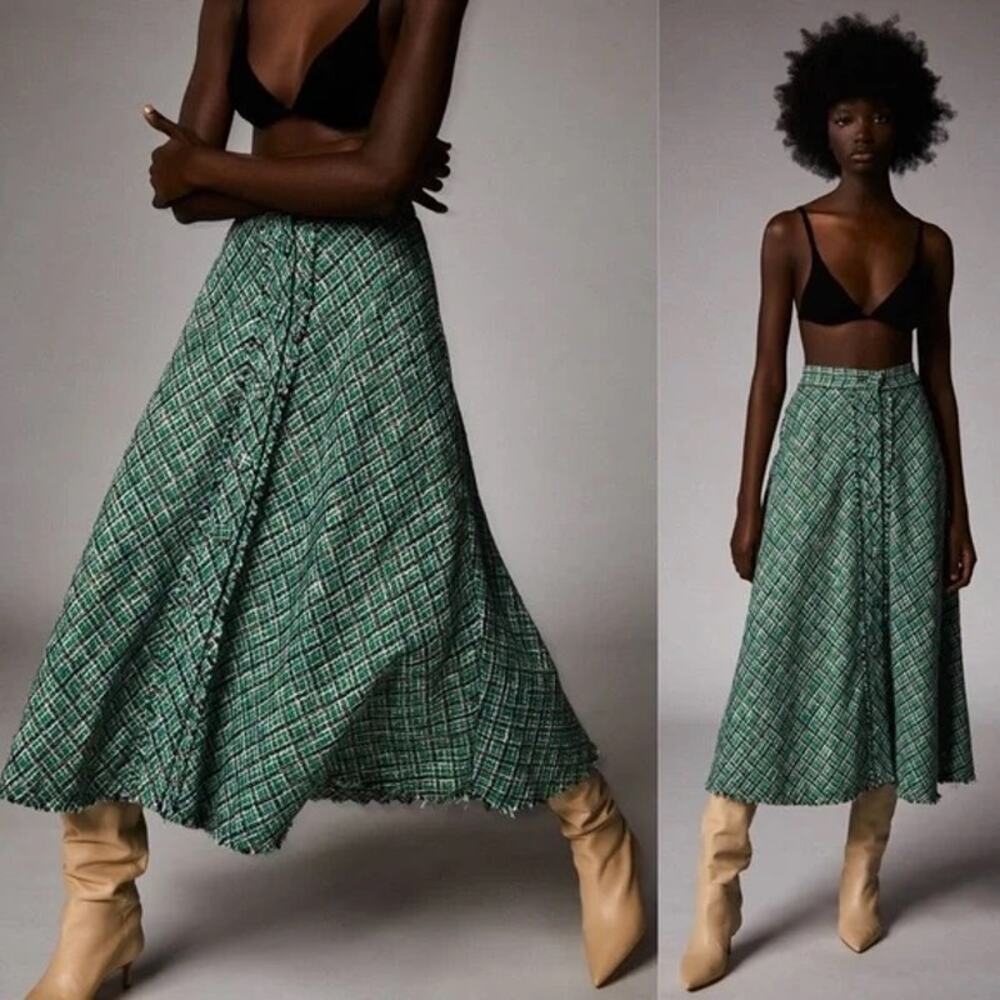 Zara Green Plaid A-Line Midi Skirt